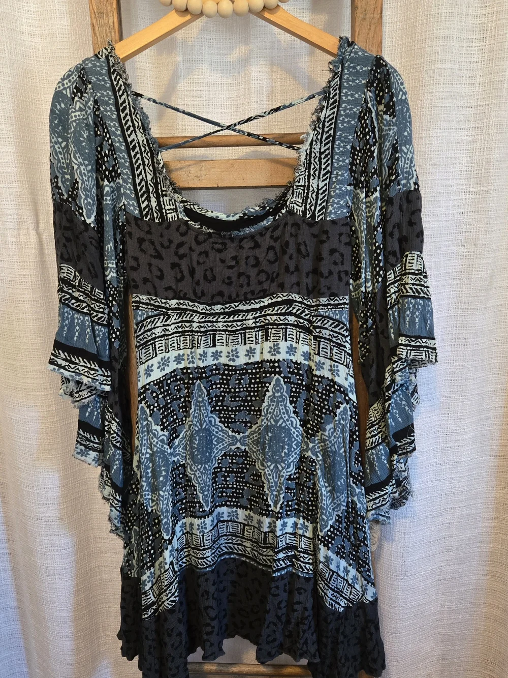 Free People Blue and Black Printed Crisscross Back Tunic